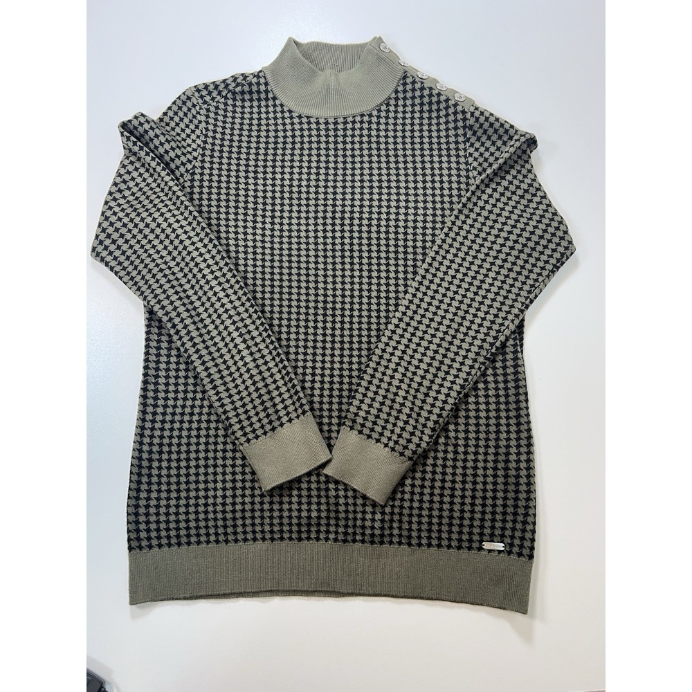 Calvin Klein Mock Neck Sweater size Small Green Black with Button Detail gray